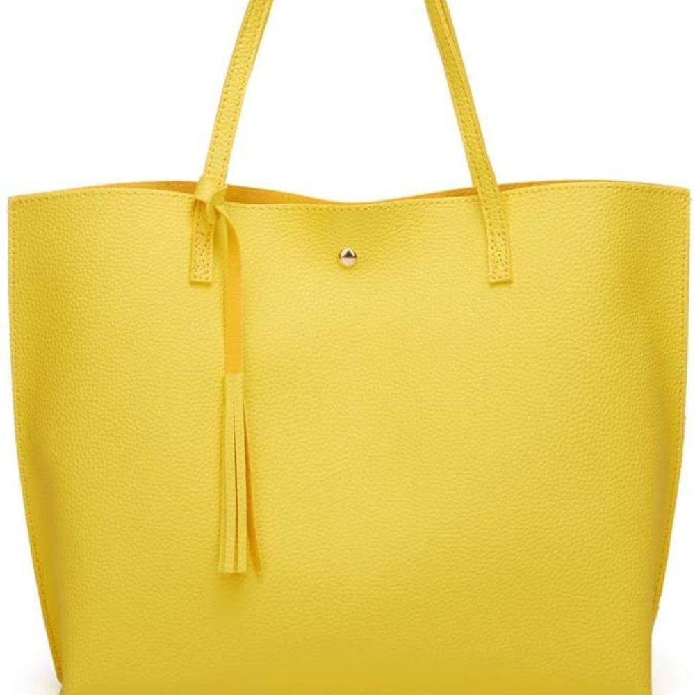Bright Yellow Faux Leather Soft Tote Bag with Tassel